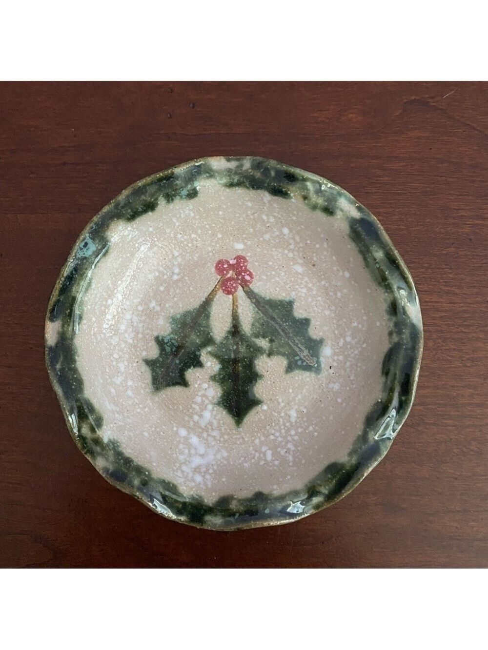 Handmade Holiday Scalloped Dish – Holly Berry Ceramic Accent Bowl